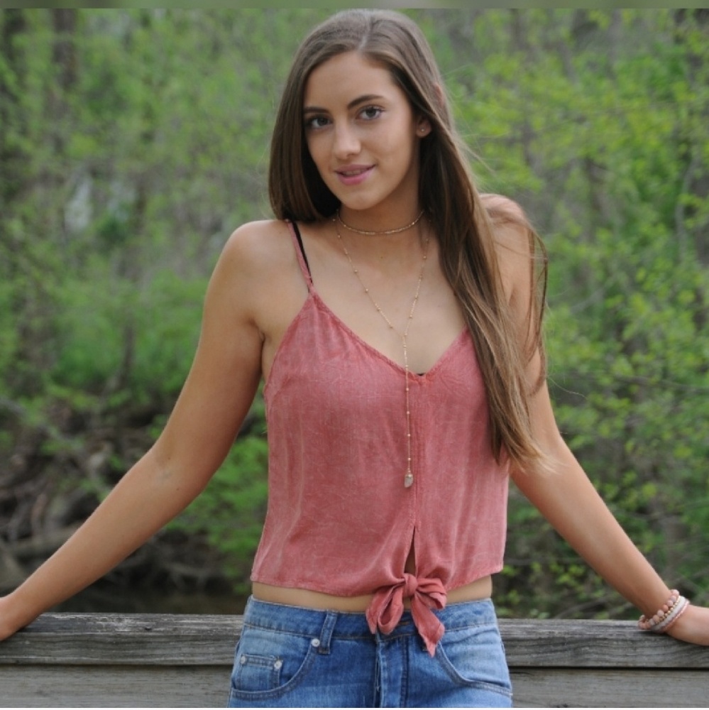 VENA Camisole Top Plunging V Neck Front Tie Mineral Washed Soft Rust M & L NWT